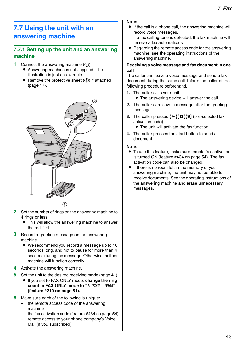 7 using the unit with an answering machine, Using the unit with an answering machine, 7 using the unit with an answering machine | Panasonic KX-FLM671 User Manual | Page 43 / 92