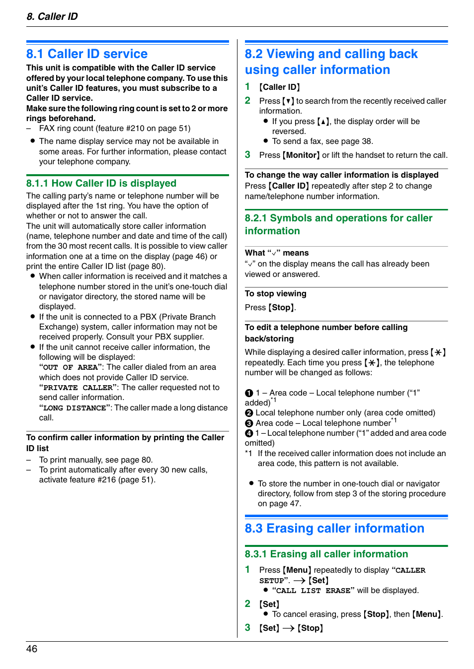 Caller id, 1 caller id service, 3 erasing caller information | Caller id service, Viewing and calling back using caller information, Erasing caller information, 1 caller id service, 3 erasing caller information, Caller id 46, 1 how caller id is displayed | Panasonic KX-FLM671 User Manual | Page 46 / 92