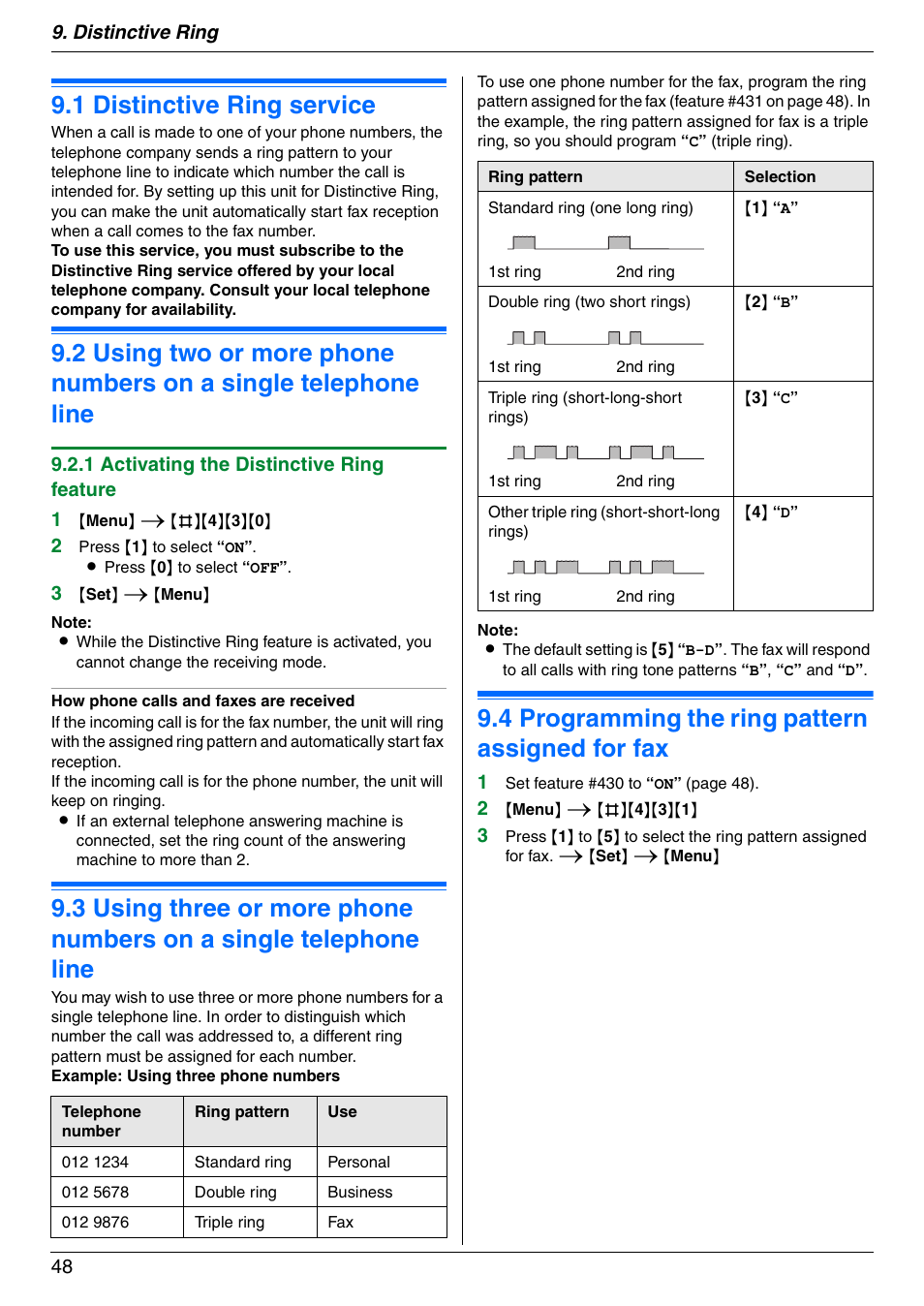 Distinctive ring, 1 distinctive ring service, 4 programming the ring pattern assigned for fax | Distinctive ring service, Programming the ring pattern assigned for fax, 1 distinctive ring service, 4 programming the ring pattern assigned for fax | Panasonic KX-FLM671 User Manual | Page 48 / 92