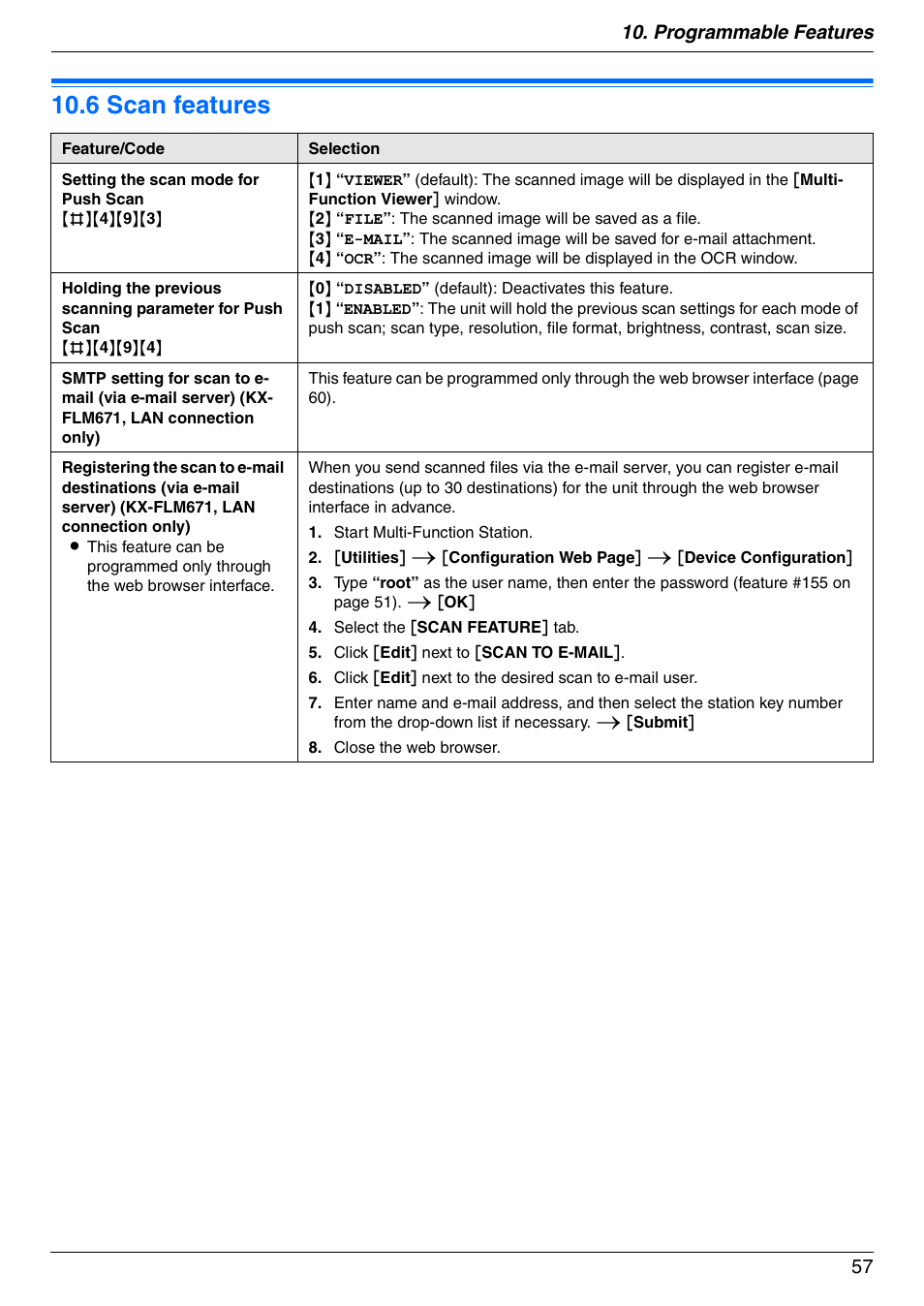 6 scan features, Scan features, 6 scan features | Programmable features 57 | Panasonic KX-FLM671 User Manual | Page 57 / 92