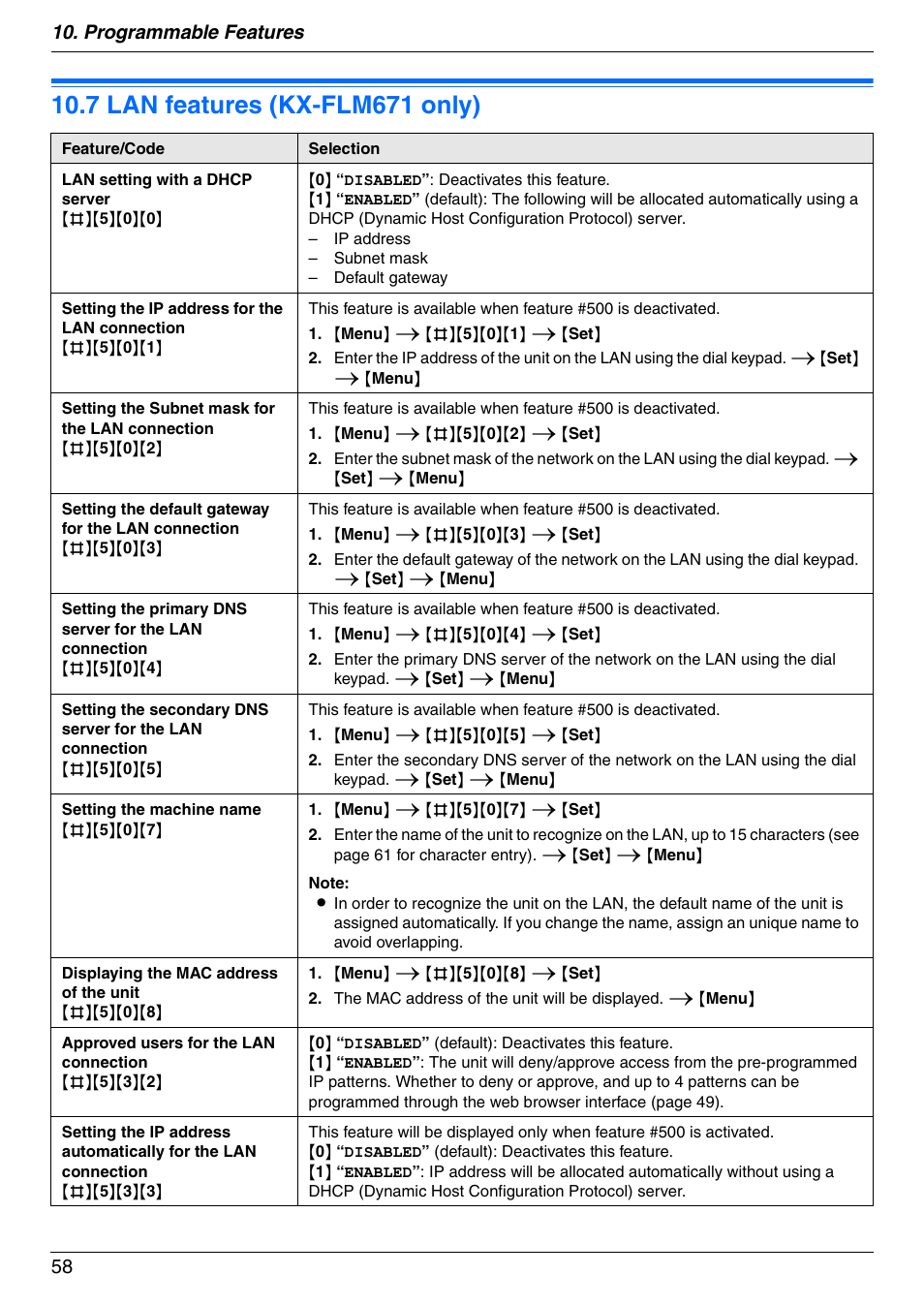 7 lan features (kx-flm671 only), Lan features (kx-flm671 only), 7 lan features (kx-flm671 only) | Programmable features 58 | Panasonic KX-FLM671 User Manual | Page 58 / 92