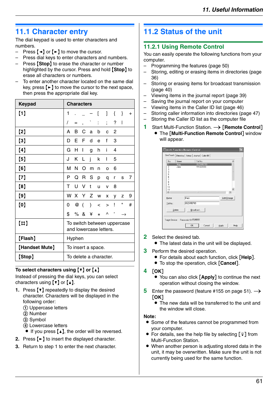 Useful information, 1 character entry, 2 status of the unit | Character entry, Status of the unit, 1 character entry, 2 status of the unit, Useful information 61, 1 using remote control | Panasonic KX-FLM671 User Manual | Page 61 / 92