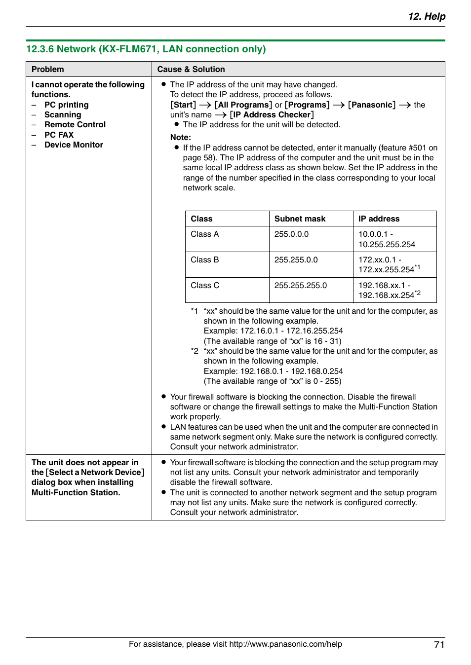 Help 71, 6 network (kx-flm671, lan connection only) | Panasonic KX-FLM671 User Manual | Page 71 / 92