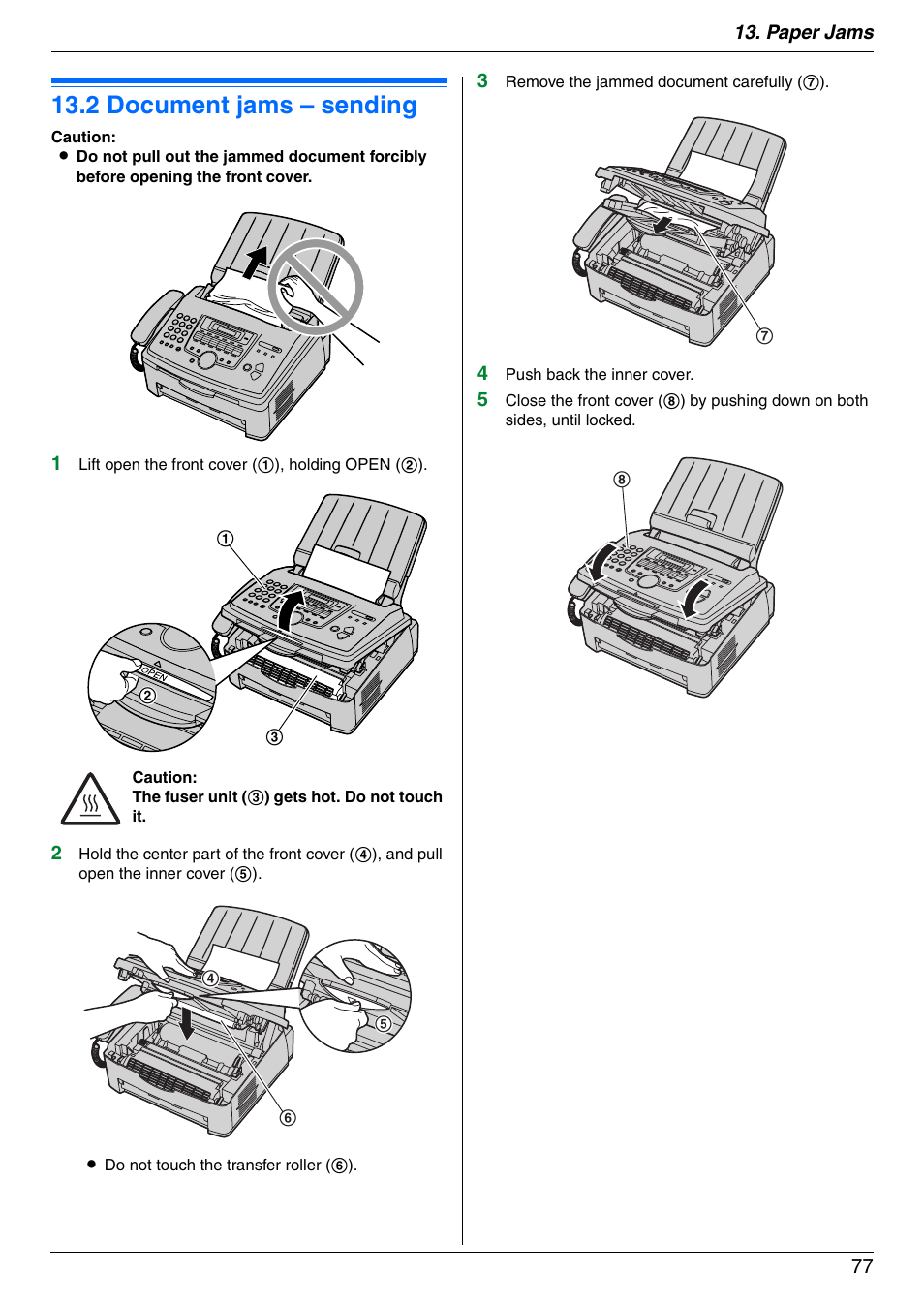 2 document jams – sending, Document jams – sending, 2 document jams – sending | Panasonic KX-FLM671 User Manual | Page 77 / 92