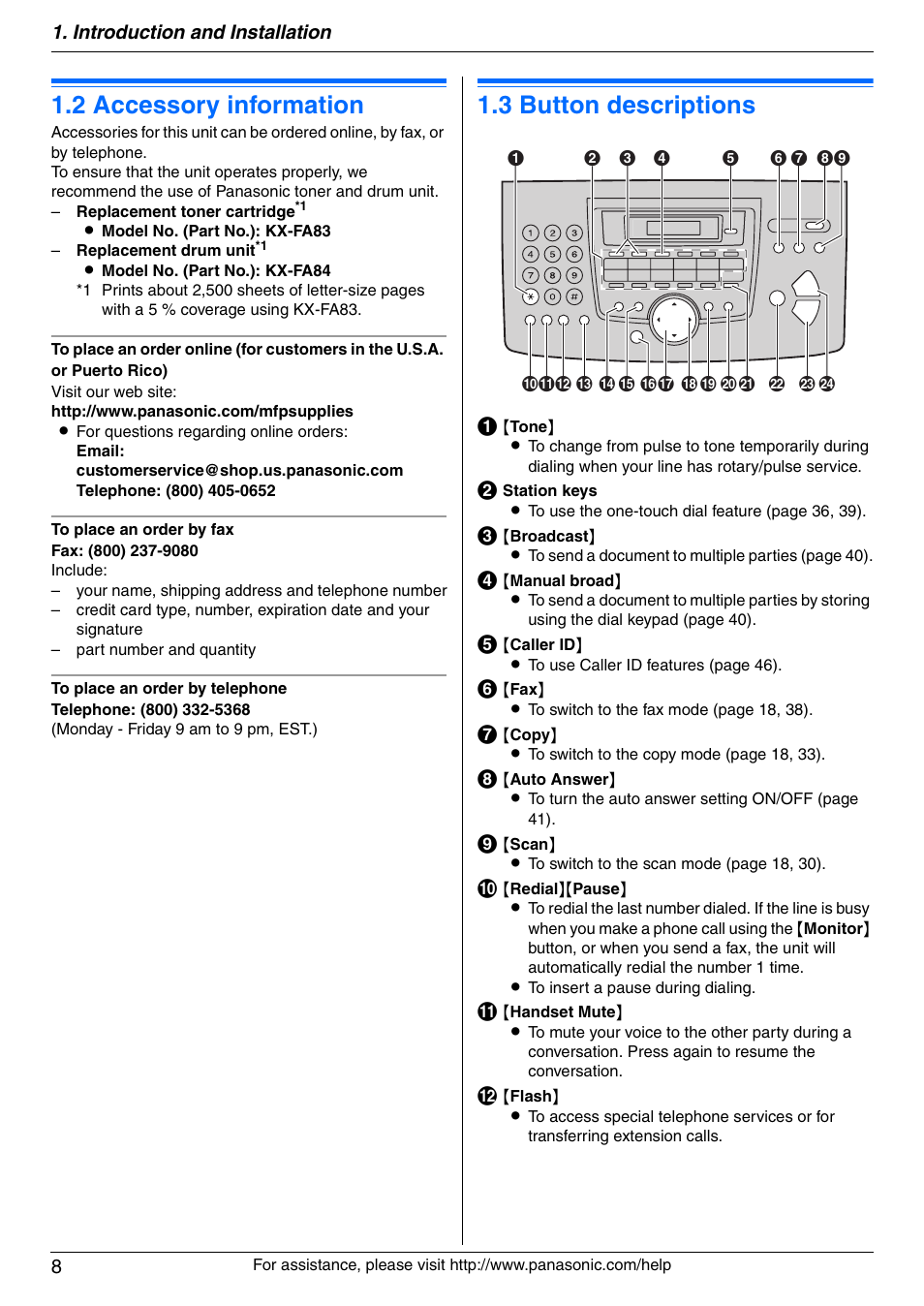 2 accessory information, Finding the controls, 3 button descriptions | Accessory information, Button descriptions, 2 accessory information, 3 button descriptions, Introduction and installation 8 | Panasonic KX-FLM671 User Manual | Page 8 / 92