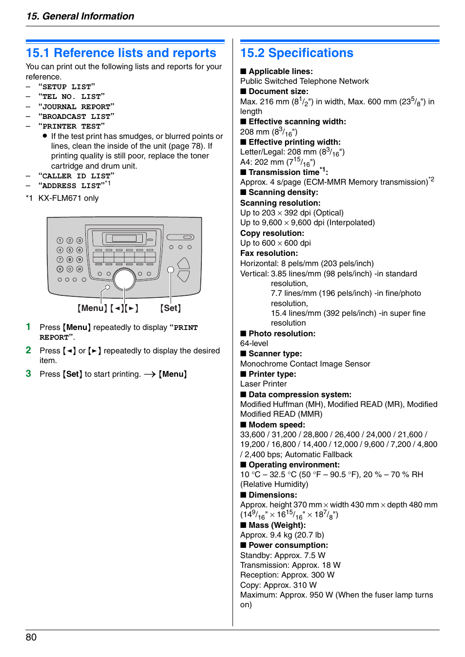 General information, Printed reports, 1 reference lists and reports | Specifications, 2 specifications, Reference lists and reports, 1 reference lists and reports, 2 specifications, General information 80 | Panasonic KX-FLM671 User Manual | Page 80 / 92