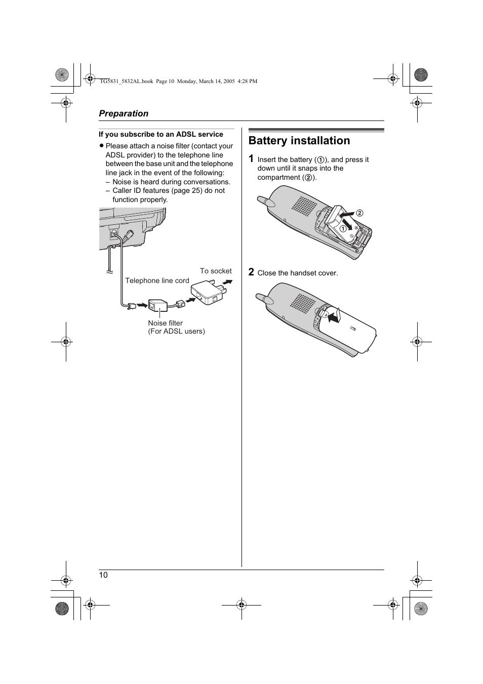 Battery installation | Panasonic KX-TG5832AL User Manual | Page 10 / 68