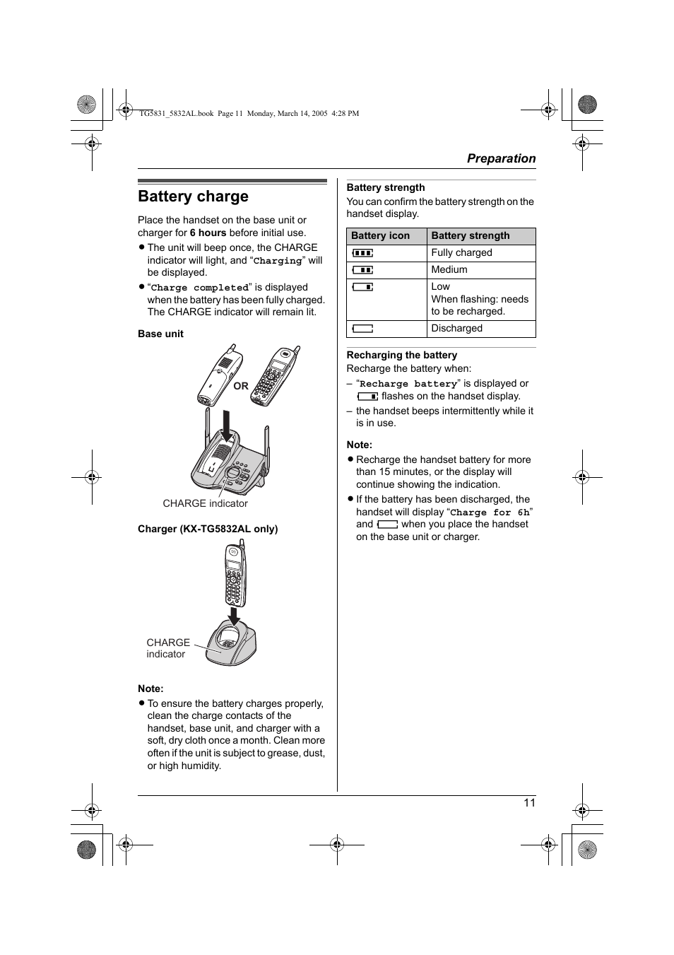 Battery charge | Panasonic KX-TG5832AL User Manual | Page 11 / 68