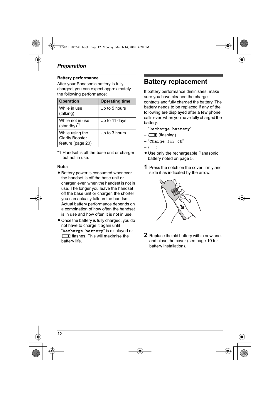 Battery replacement | Panasonic KX-TG5832AL User Manual | Page 12 / 68