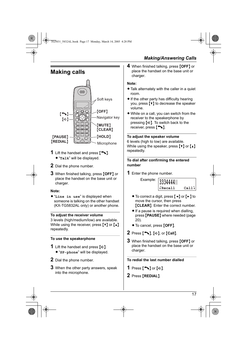 Making calls | Panasonic KX-TG5832AL User Manual | Page 17 / 68