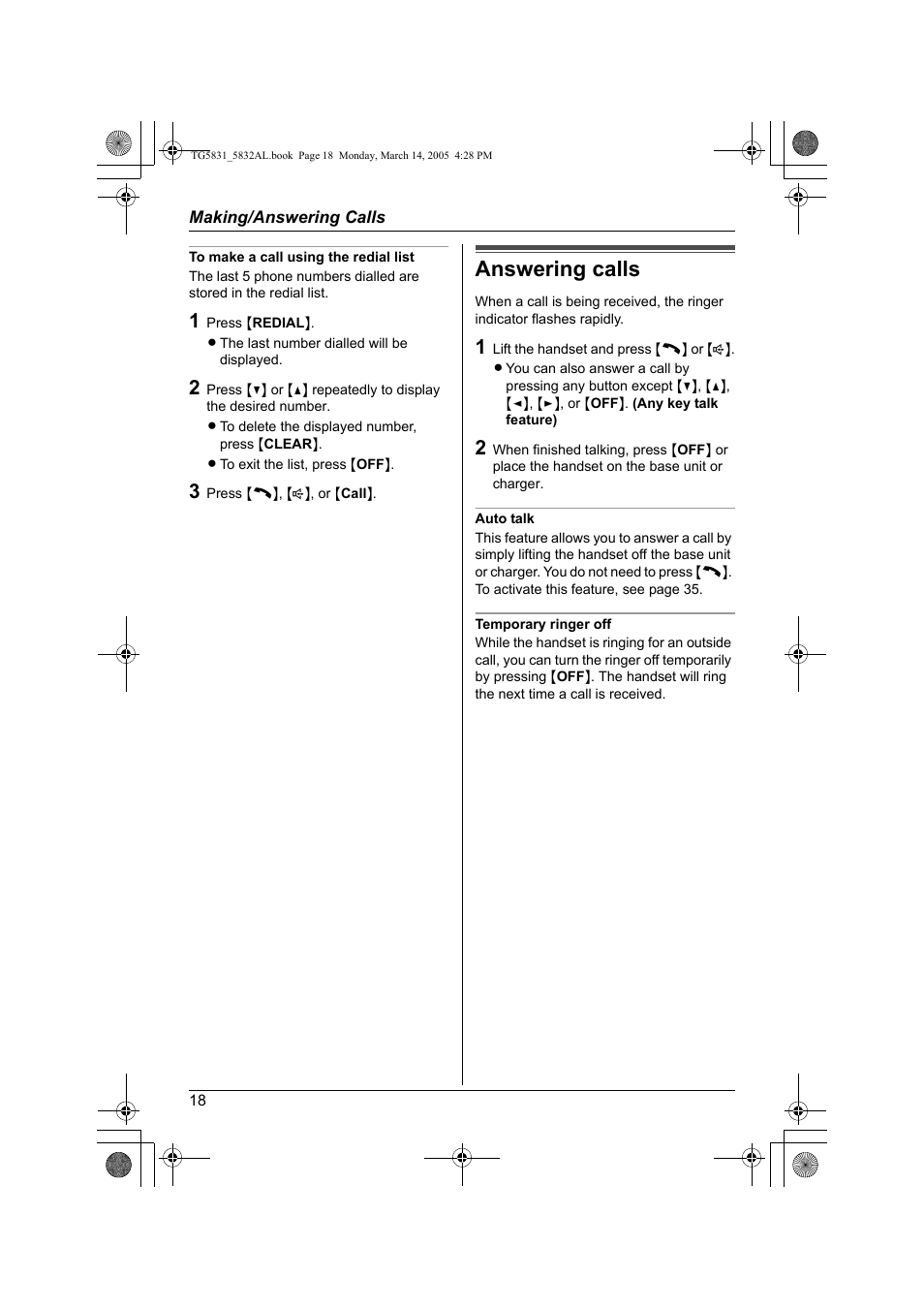 Answering calls | Panasonic KX-TG5832AL User Manual | Page 18 / 68