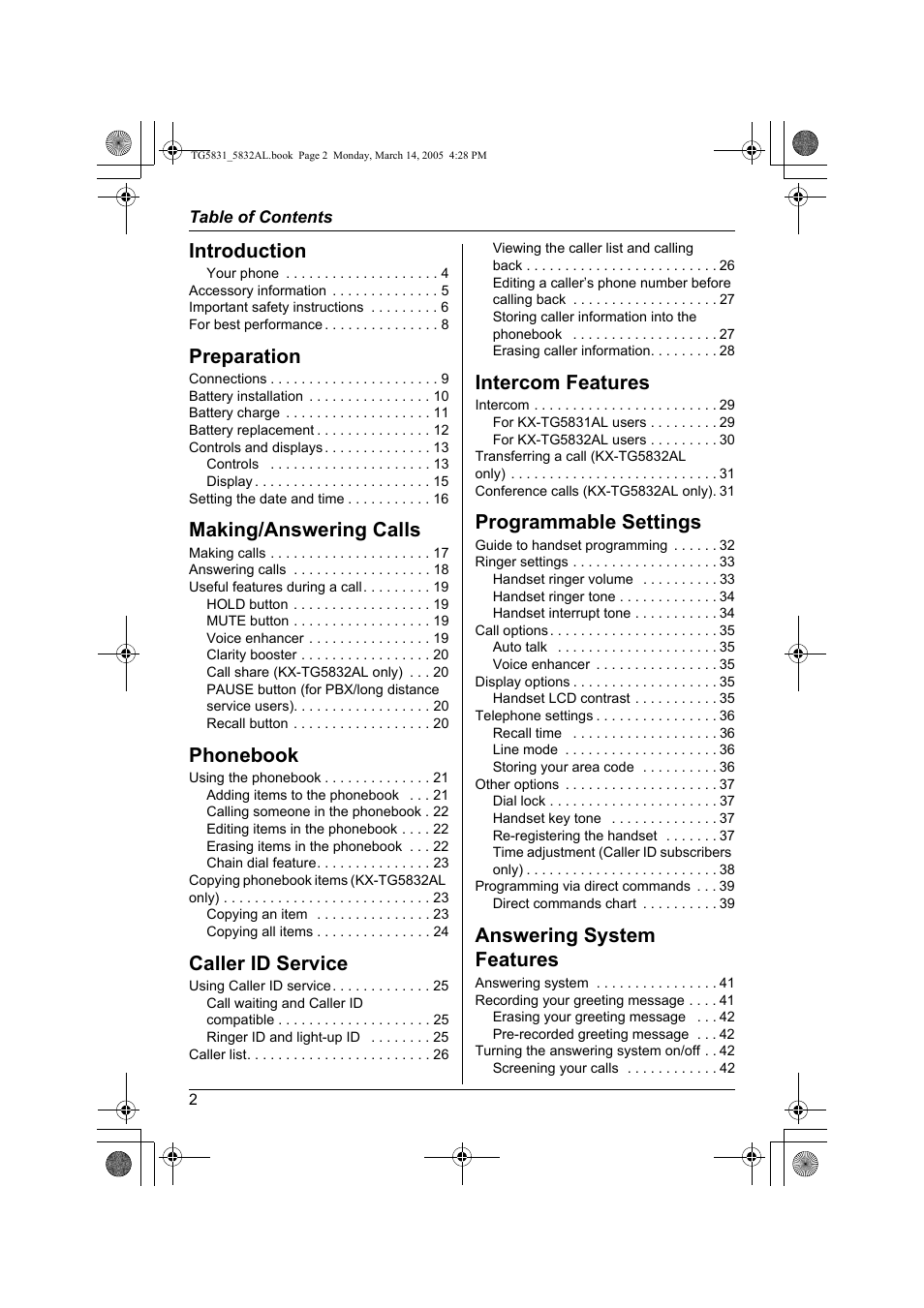 Introduction, Preparation, Making/answering calls | Phonebook, Caller id service, Intercom features, Programmable settings, Answering system features | Panasonic KX-TG5832AL User Manual | Page 2 / 68