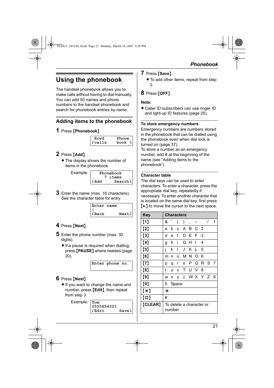 Using the phonebook | Panasonic KX-TG5832AL User Manual | Page 21 / 68