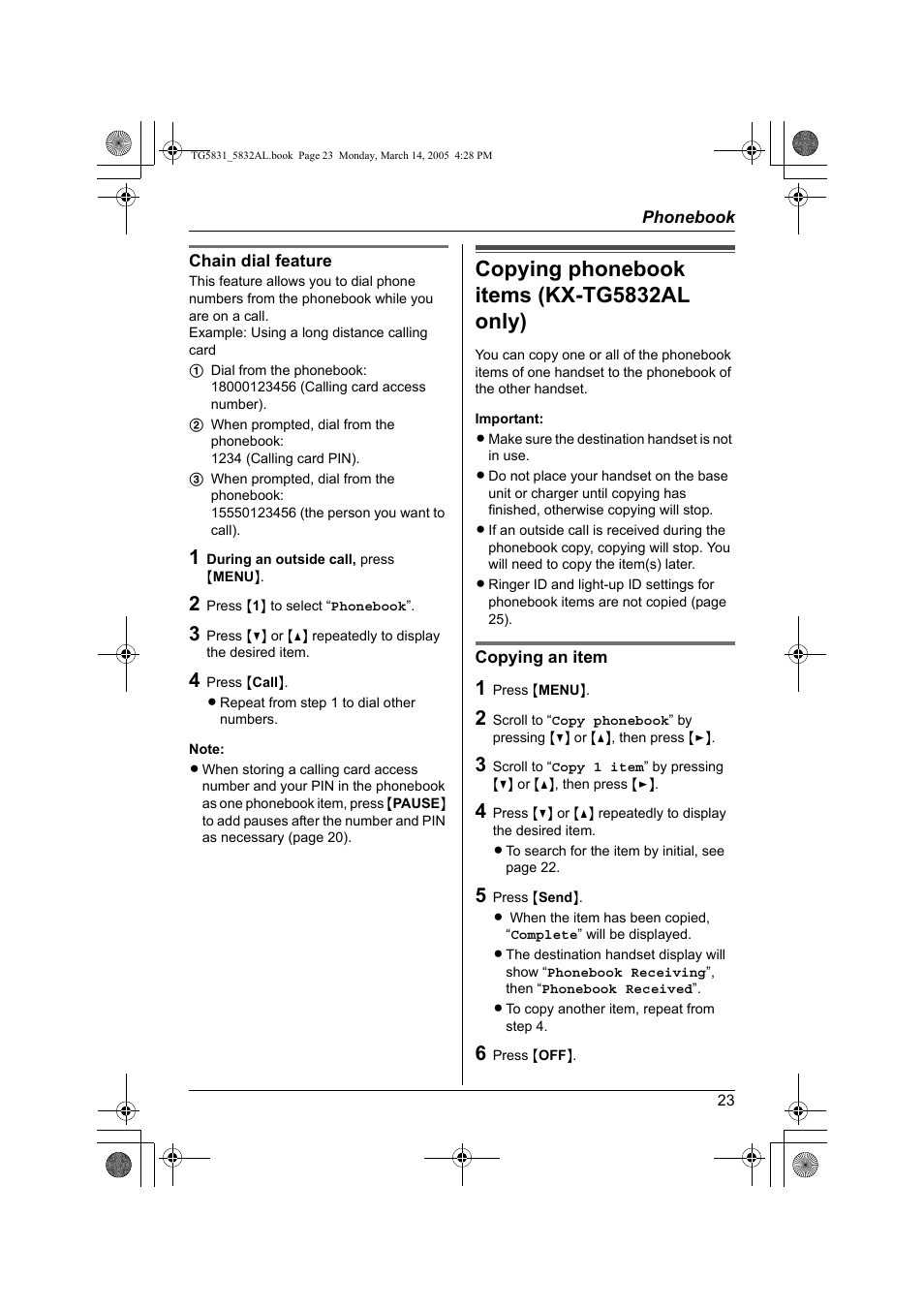 Copying phonebook items (kx-tg5832al only) | Panasonic KX-TG5832AL User Manual | Page 23 / 68