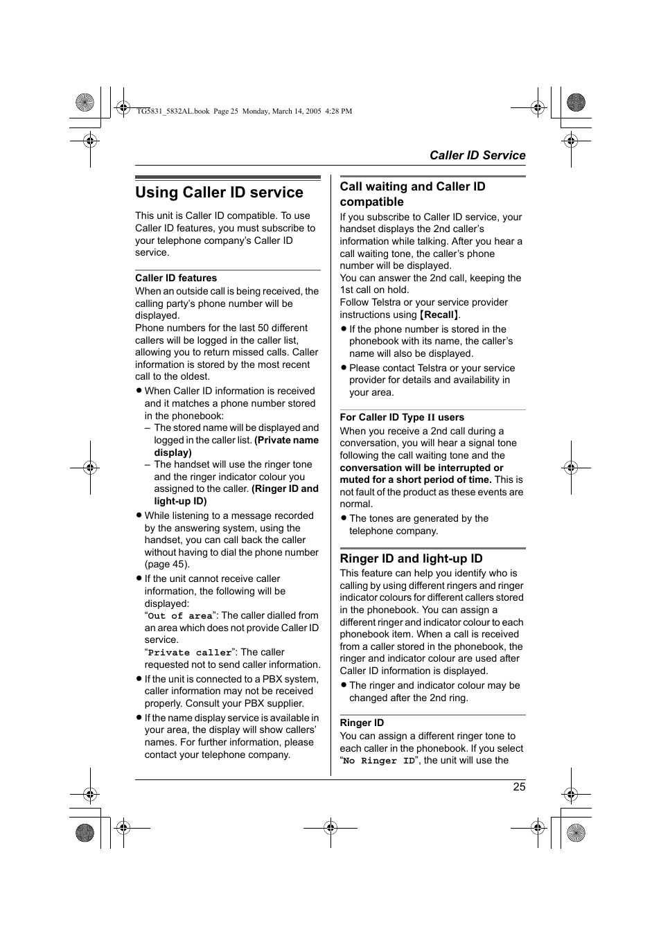 Using caller id service | Panasonic KX-TG5832AL User Manual | Page 25 / 68