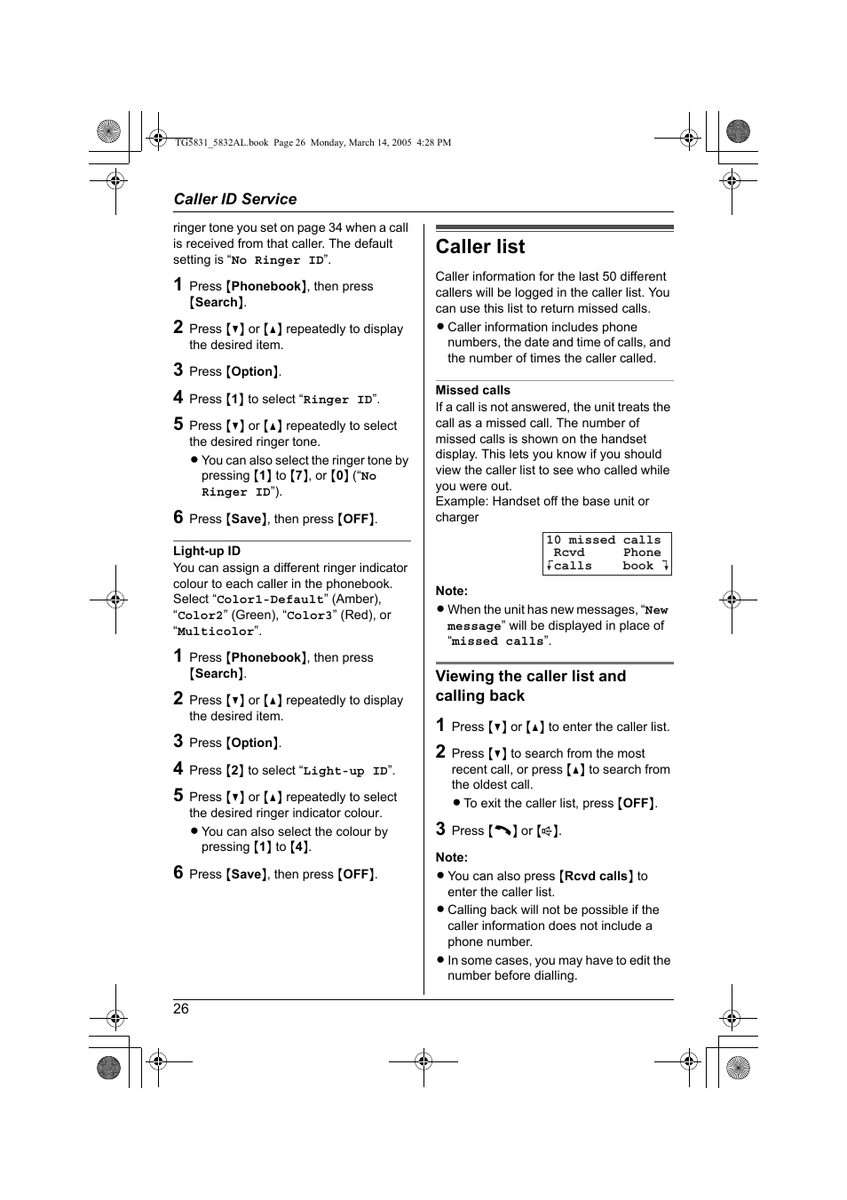 Caller list | Panasonic KX-TG5832AL User Manual | Page 26 / 68