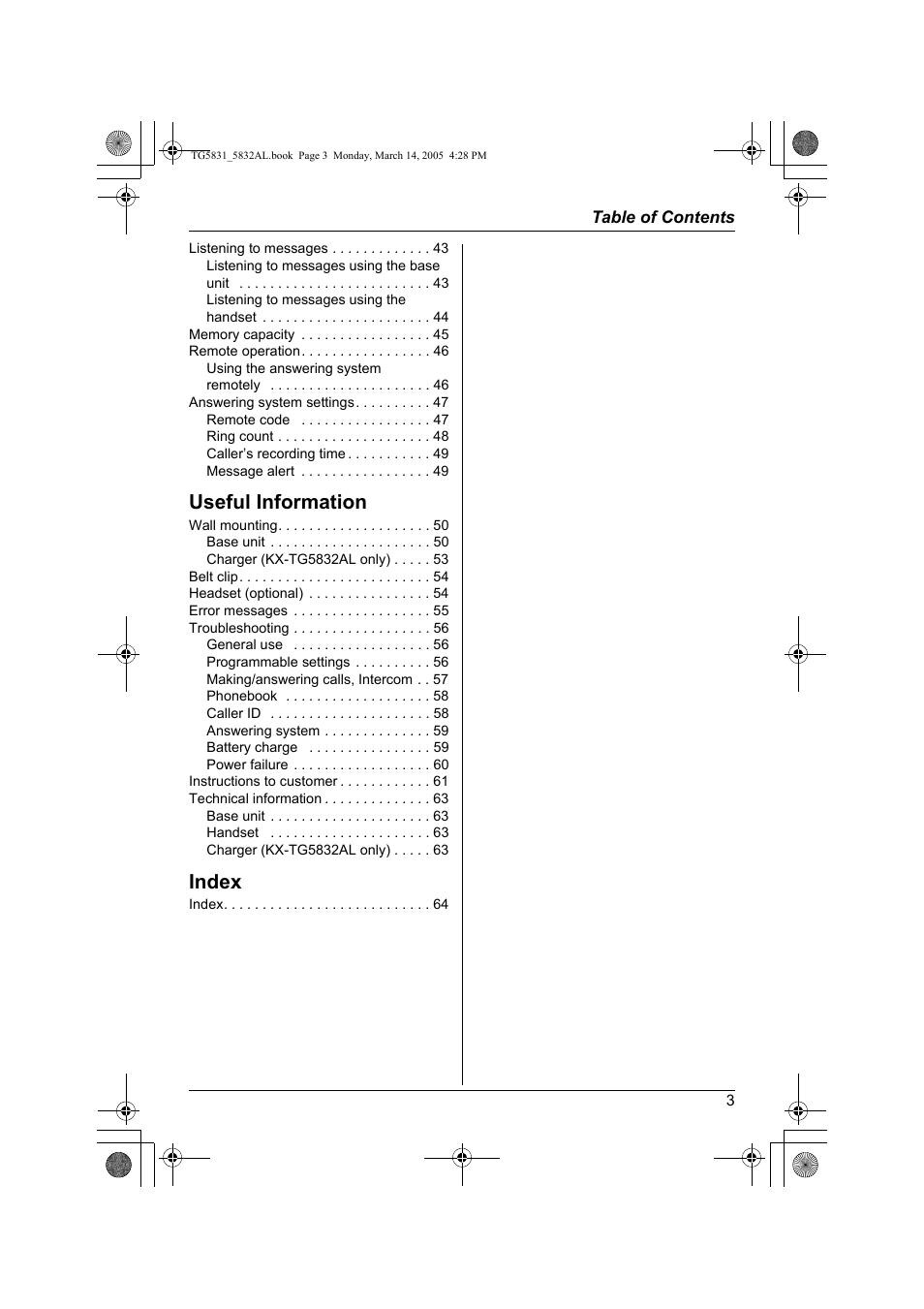 Useful information, Index | Panasonic KX-TG5832AL User Manual | Page 3 / 68