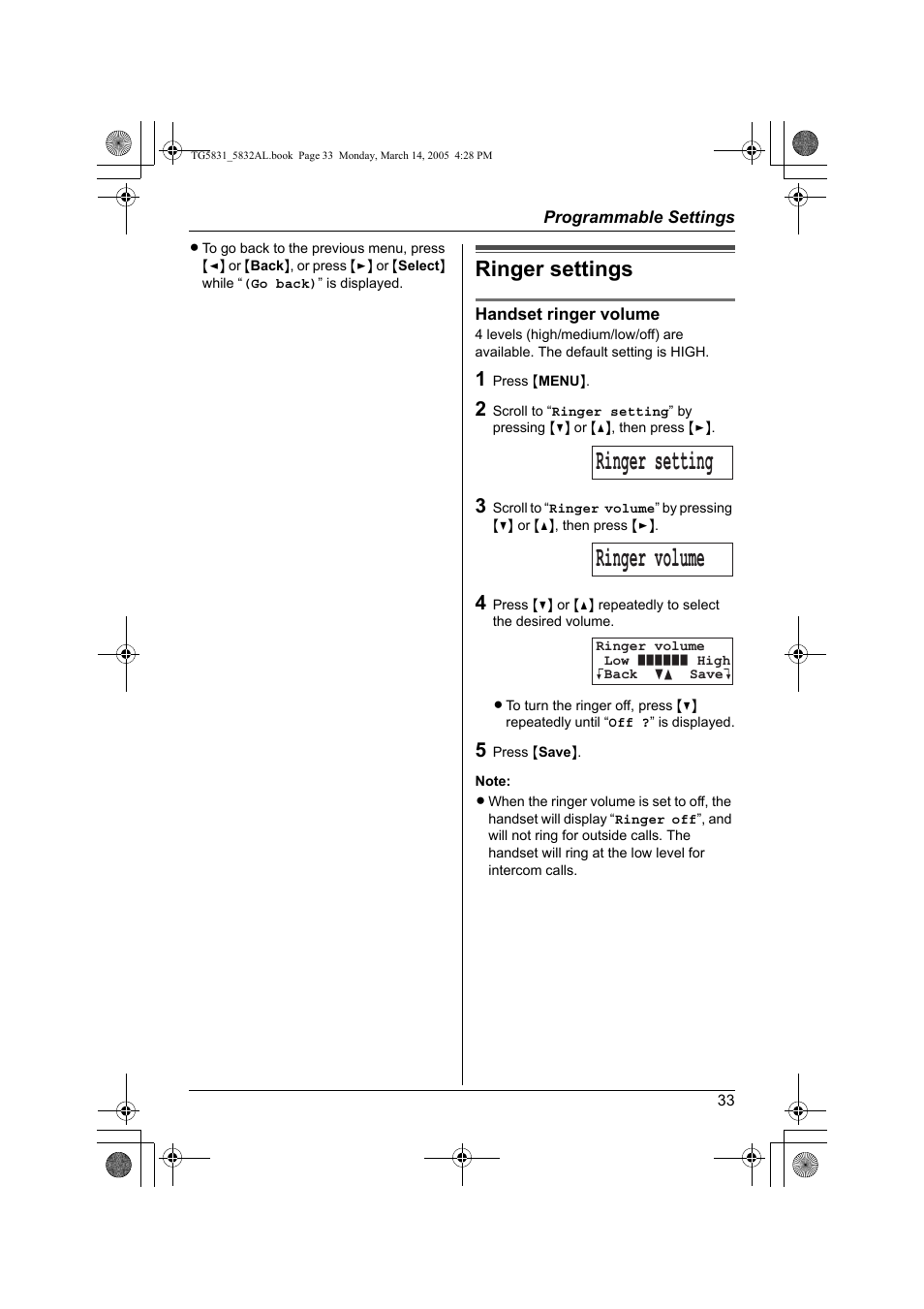 Ringer setting ringer volume, Ringer settings | Panasonic KX-TG5832AL User Manual | Page 33 / 68