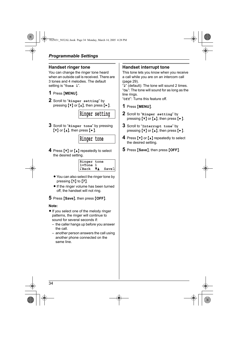 Ringer setting ringer tone | Panasonic KX-TG5832AL User Manual | Page 34 / 68