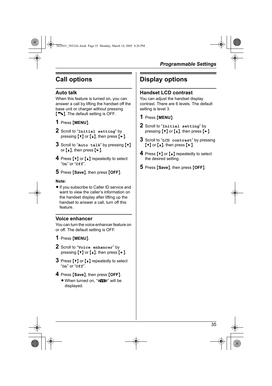 Call options, Display options | Panasonic KX-TG5832AL User Manual | Page 35 / 68