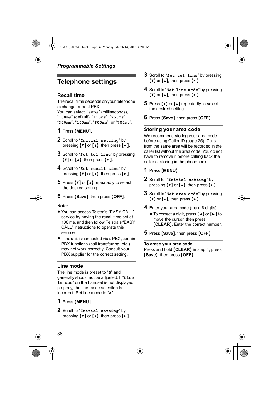 Telephone settings | Panasonic KX-TG5832AL User Manual | Page 36 / 68