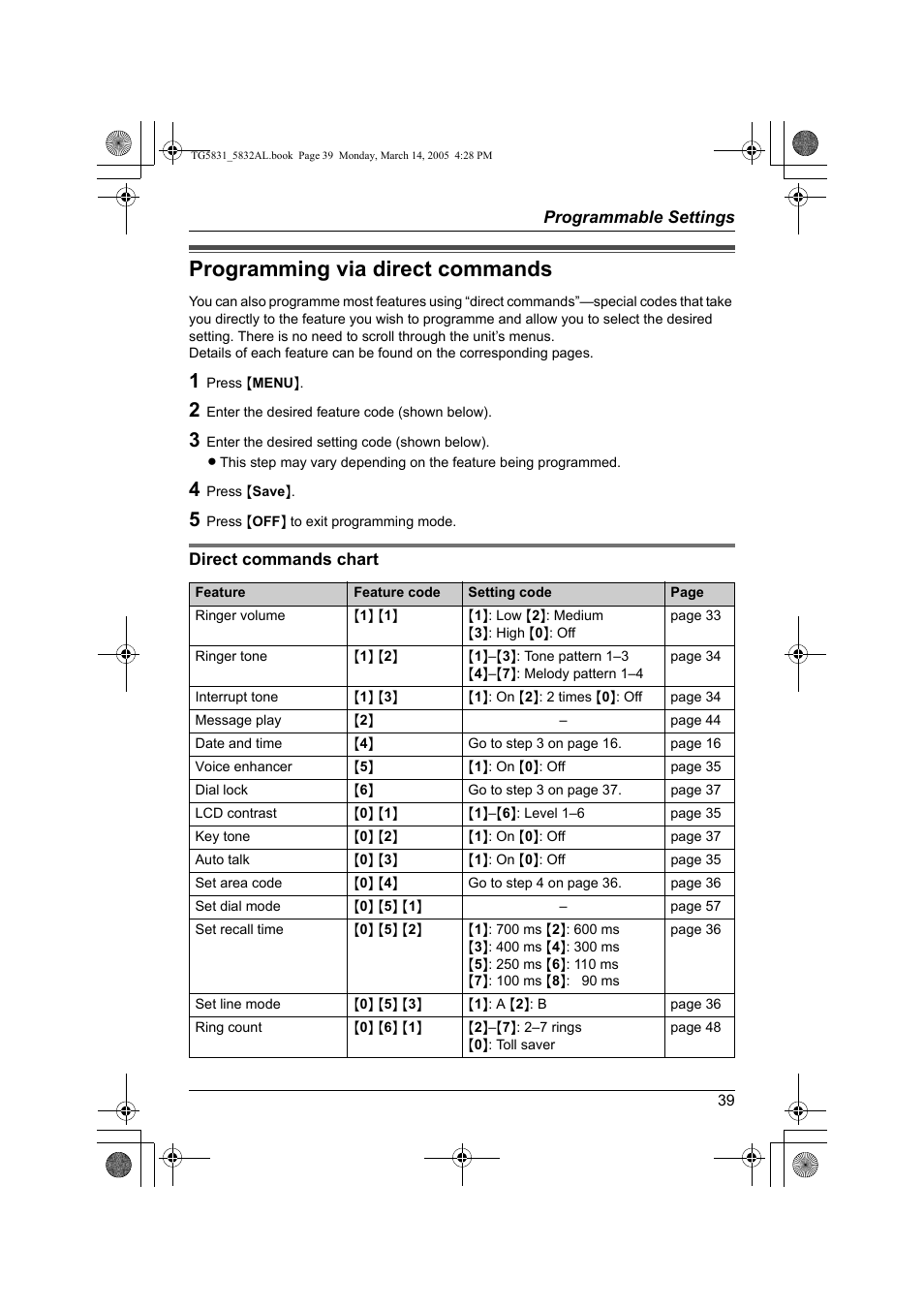 Programming via direct commands | Panasonic KX-TG5832AL User Manual | Page 39 / 68