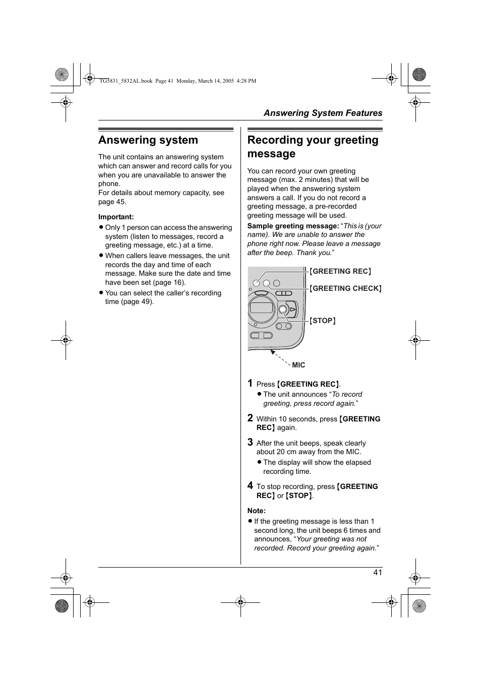 Answering system, Recording your greeting message | Panasonic KX-TG5832AL User Manual | Page 41 / 68