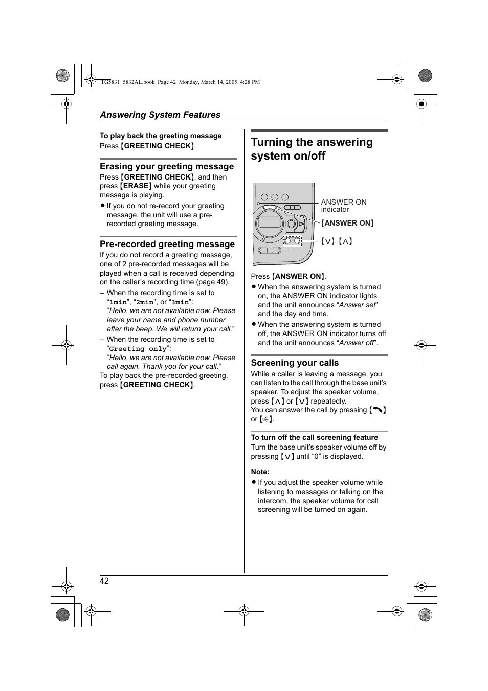 Turning the answering system on/off | Panasonic KX-TG5832AL User Manual | Page 42 / 68