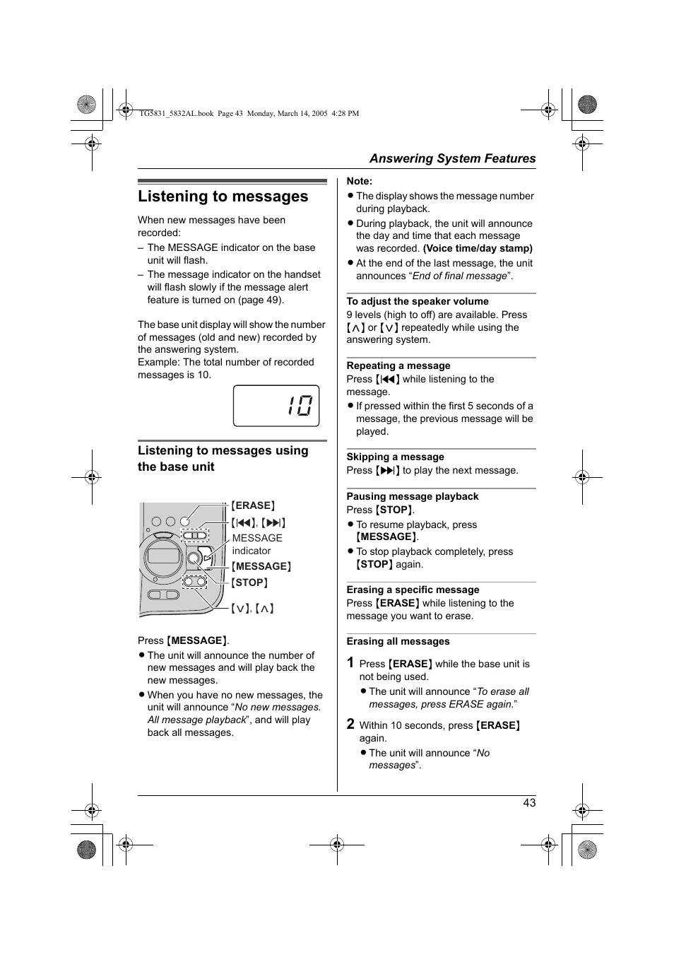 Listening to messages | Panasonic KX-TG5832AL User Manual | Page 43 / 68