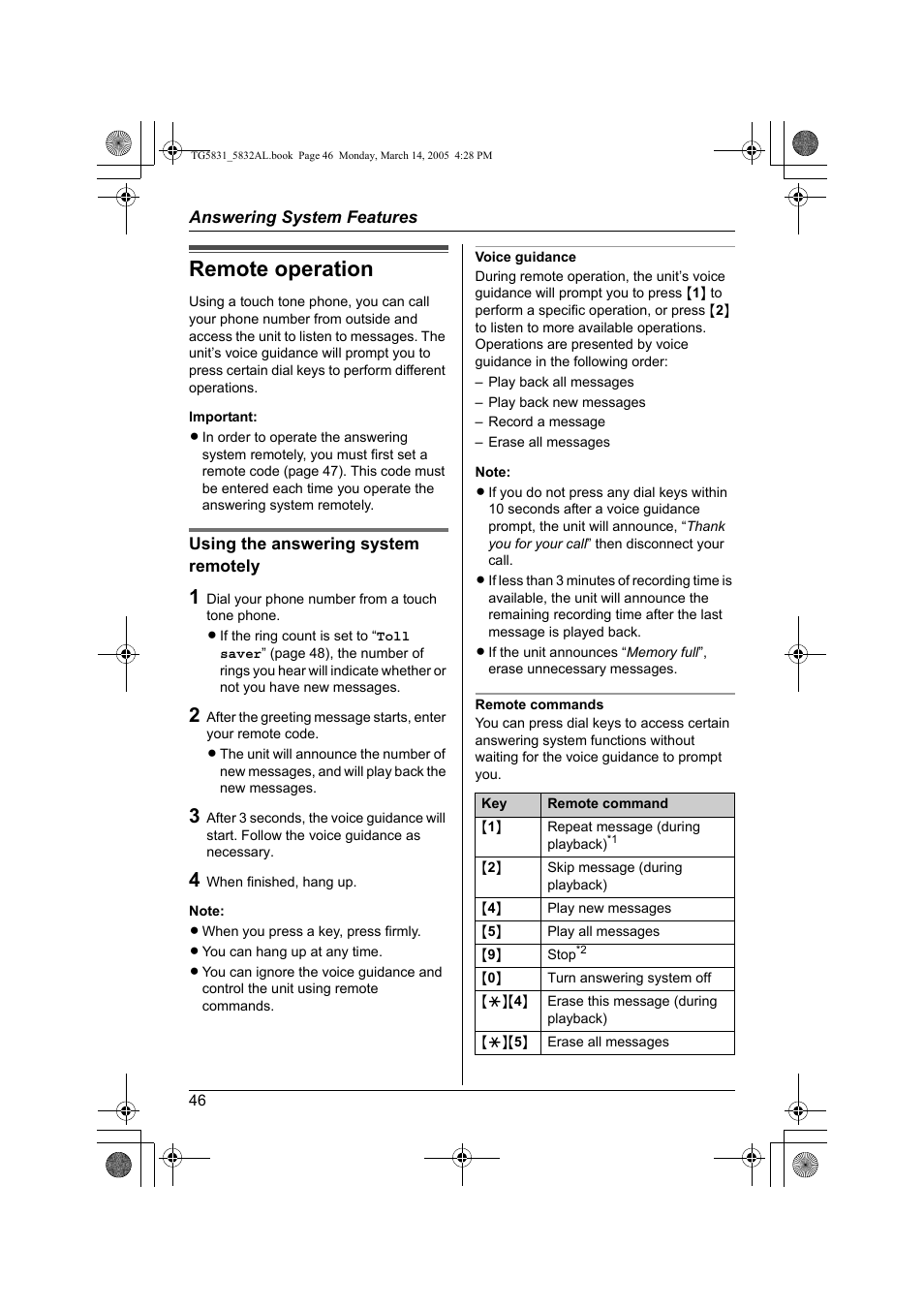 Remote operation | Panasonic KX-TG5832AL User Manual | Page 46 / 68