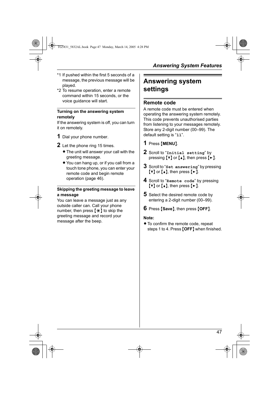 Answering system settings | Panasonic KX-TG5832AL User Manual | Page 47 / 68