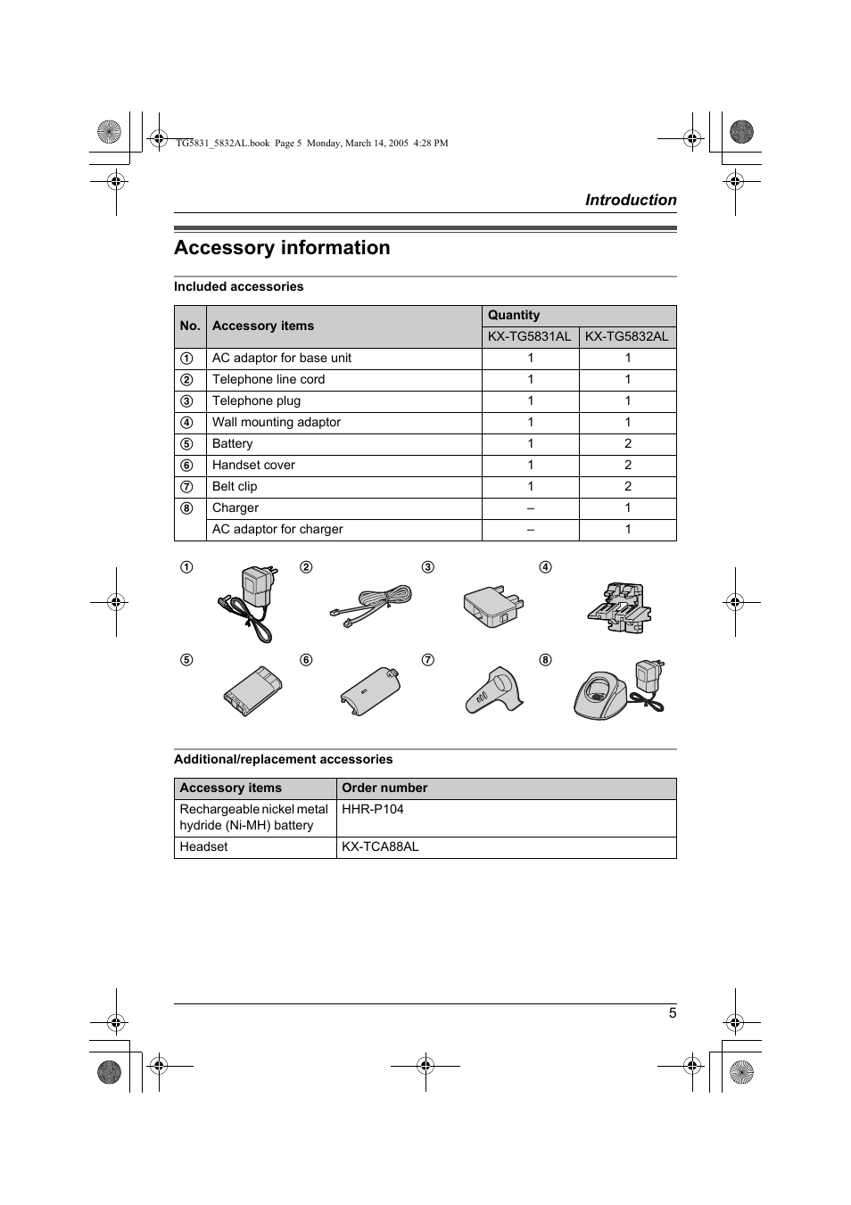 Accessory information | Panasonic KX-TG5832AL User Manual | Page 5 / 68