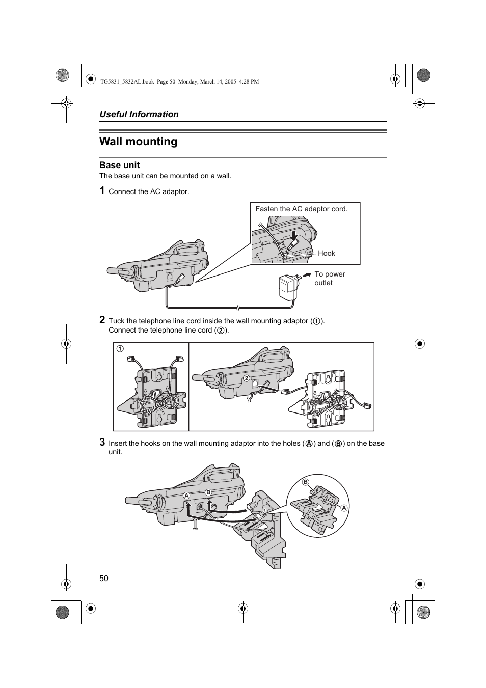 Wall mounting | Panasonic KX-TG5832AL User Manual | Page 50 / 68