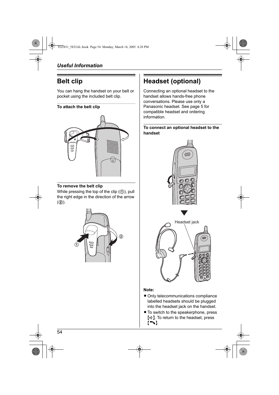 Belt clip, Headset (optional) | Panasonic KX-TG5832AL User Manual | Page 54 / 68