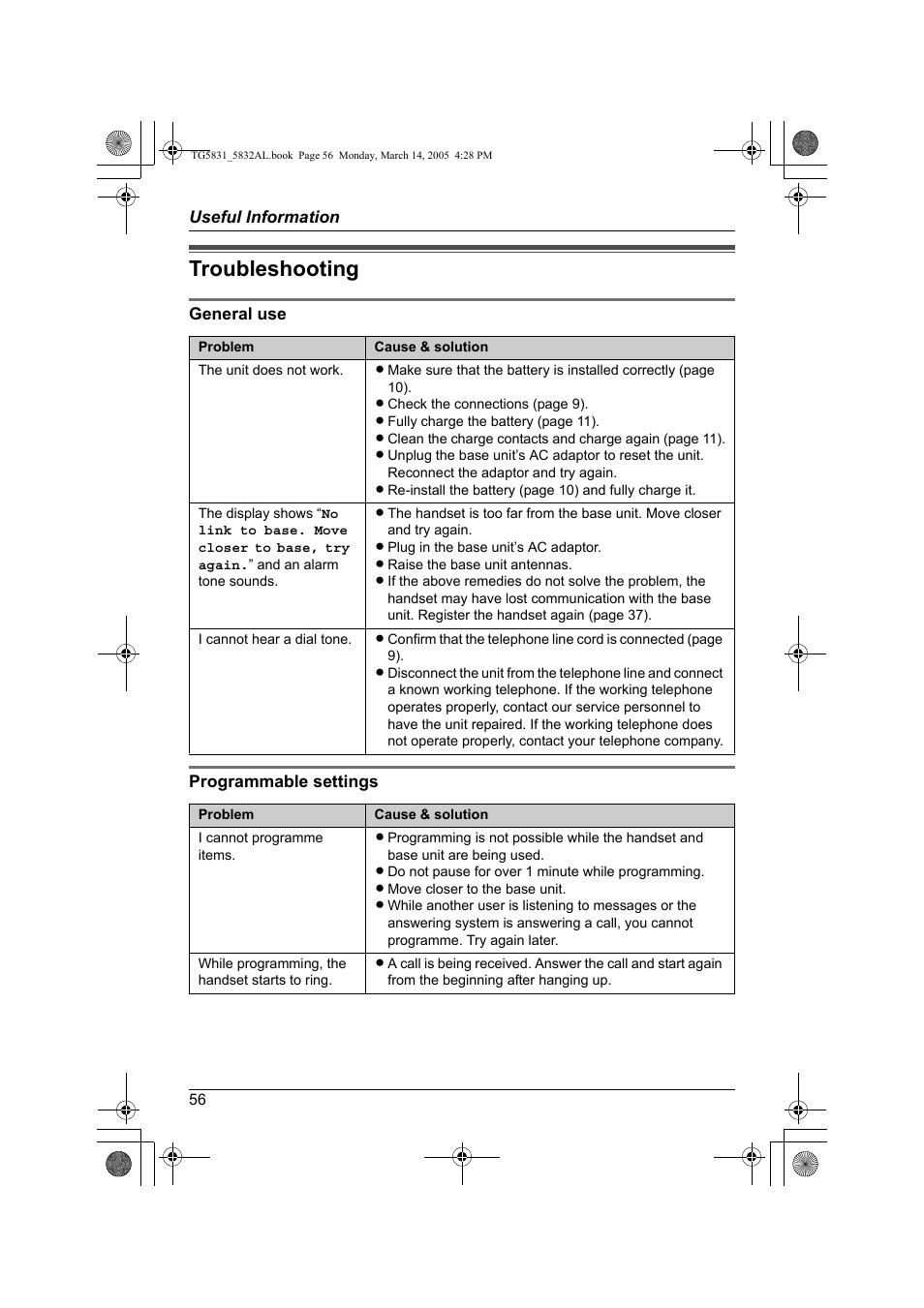 Troubleshooting | Panasonic KX-TG5832AL User Manual | Page 56 / 68