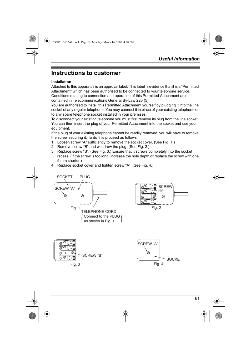 Instructions to customer | Panasonic KX-TG5832AL User Manual | Page 61 / 68