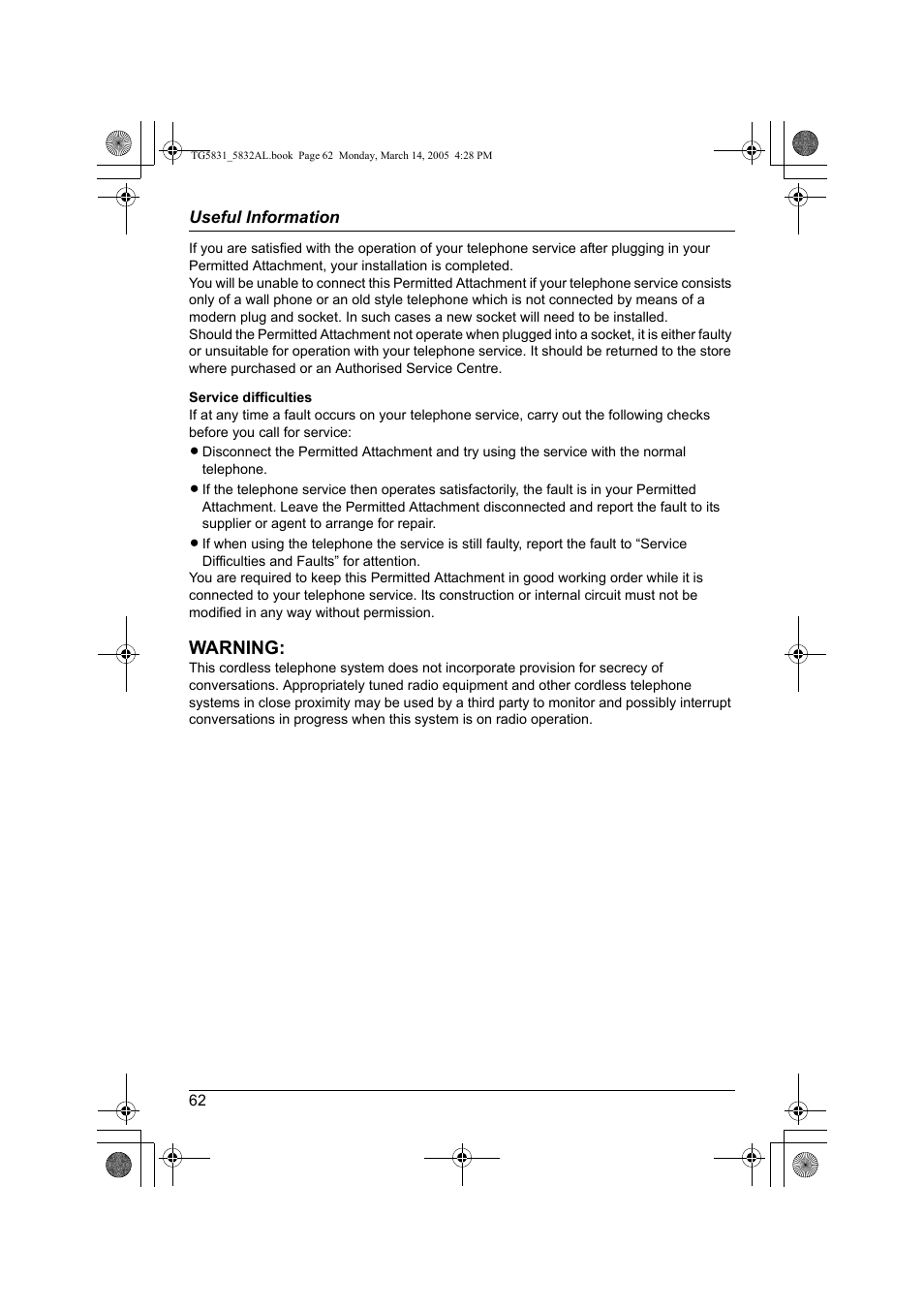 Warning | Panasonic KX-TG5832AL User Manual | Page 62 / 68