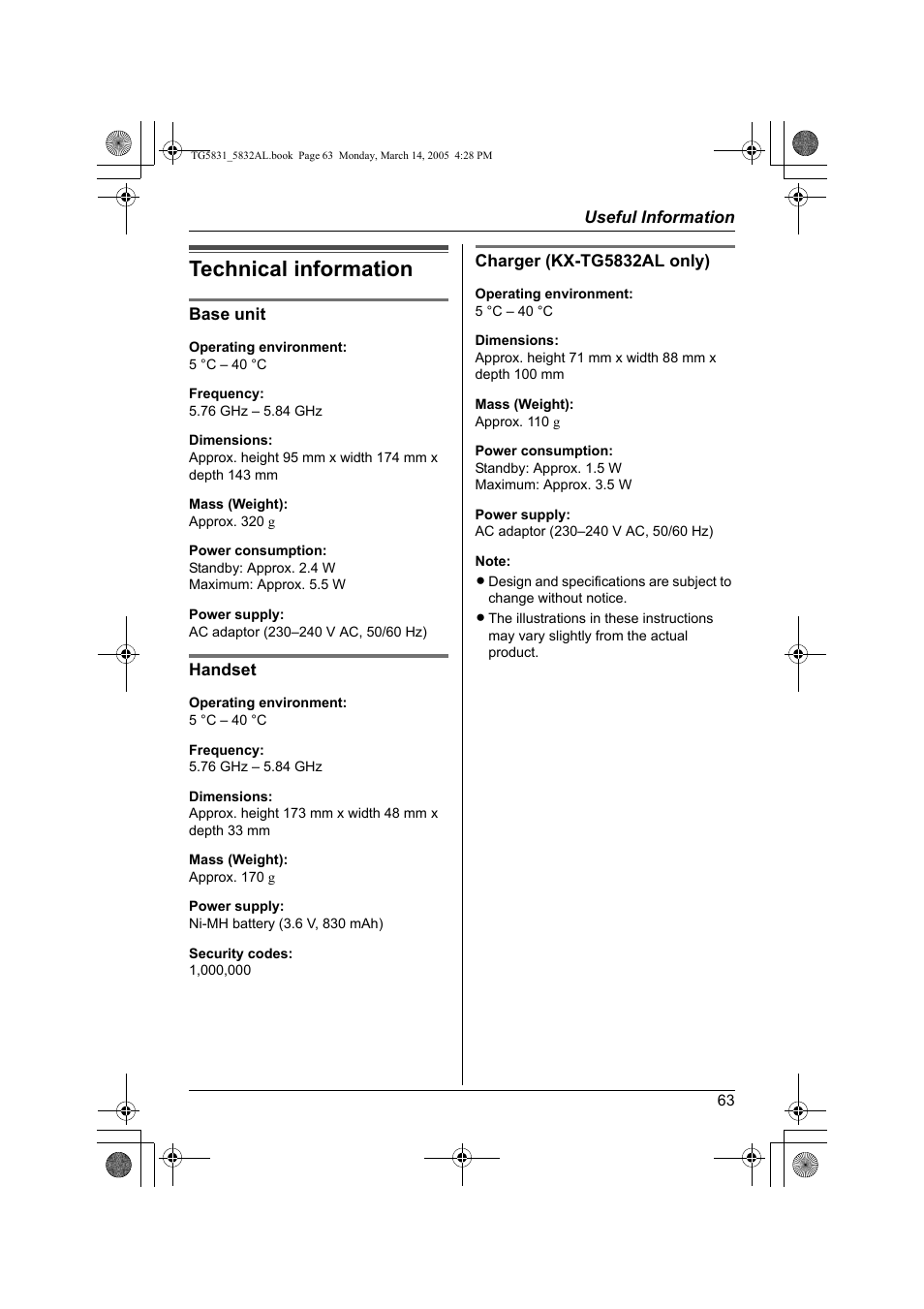 Technical information | Panasonic KX-TG5832AL User Manual | Page 63 / 68