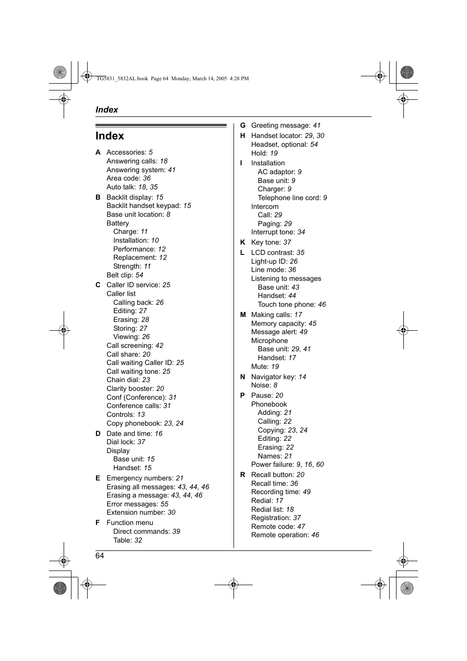 Index | Panasonic KX-TG5832AL User Manual | Page 64 / 68