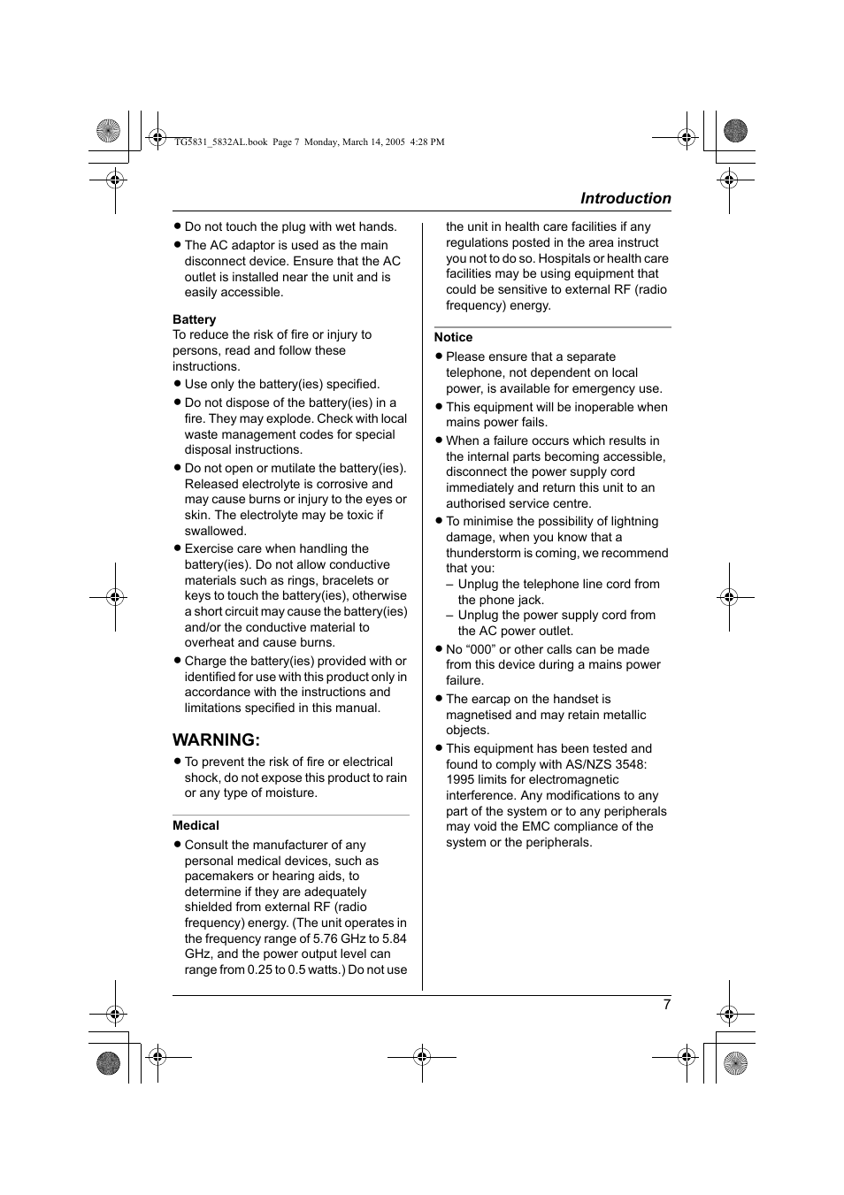 Warning | Panasonic KX-TG5832AL User Manual | Page 7 / 68