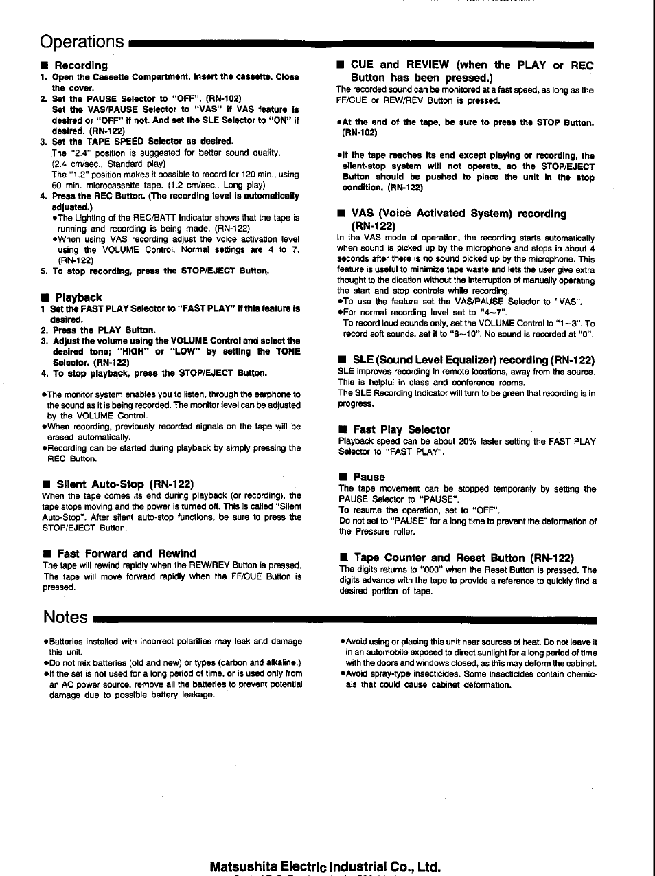 Matsushita electric industrial co., ltd, Operations, Vas (voice activated system) recording (rn-122) | Sle (sound level equalizer) recording (rn-122), Fast play selector, Pause, Fast forward and rewind, Tape counter and reset button (rn-122) | Panasonic RN-102 User Manual | Page 2 / 2