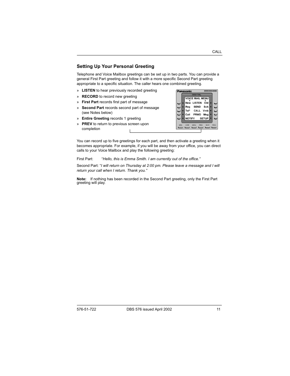 Setting up your personal greeting | Panasonic DBS 576 User Manual | Page 11 / 18