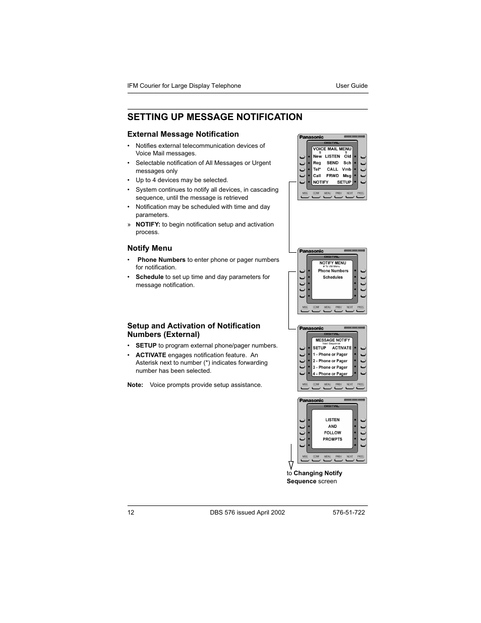 Setting up message notification, External message notification, Notify menu | Panasonic DBS 576 User Manual | Page 12 / 18