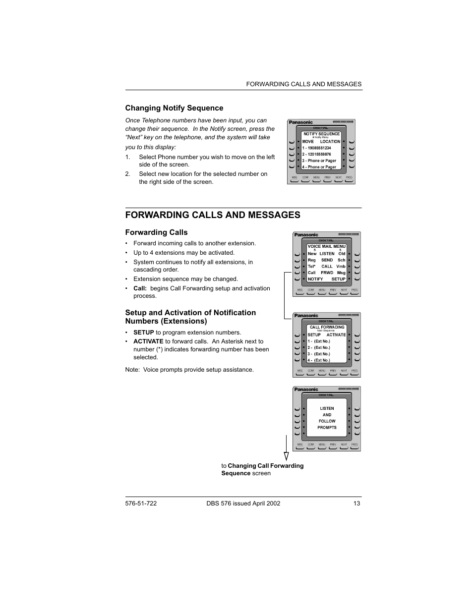 Changing notify sequence, Forwarding calls and messages, Forwarding calls | Panasonic DBS 576 User Manual | Page 13 / 18