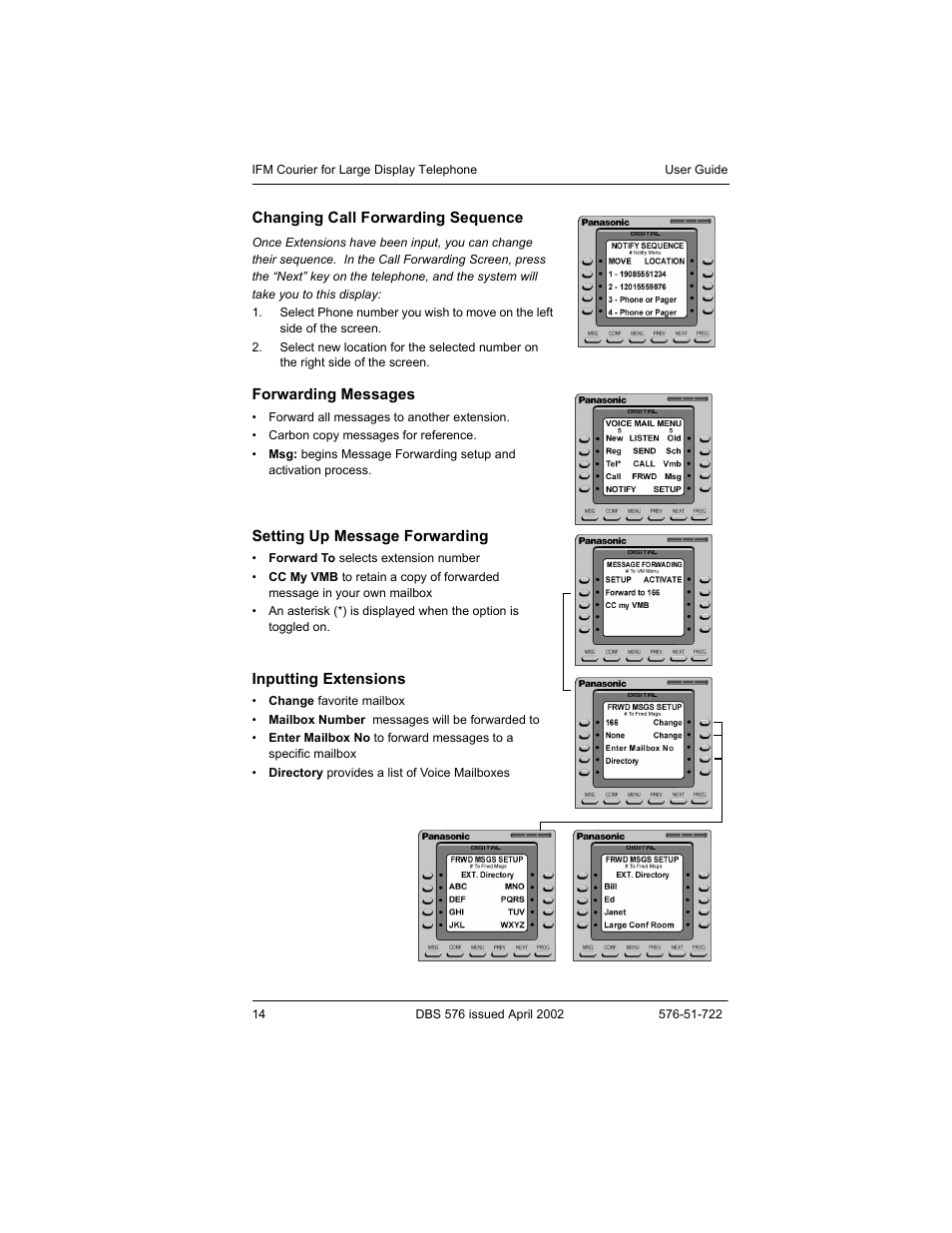 Changing call forwarding sequence, Forwarding messages, Setting up message forwarding | Inputting extensions | Panasonic DBS 576 User Manual | Page 14 / 18