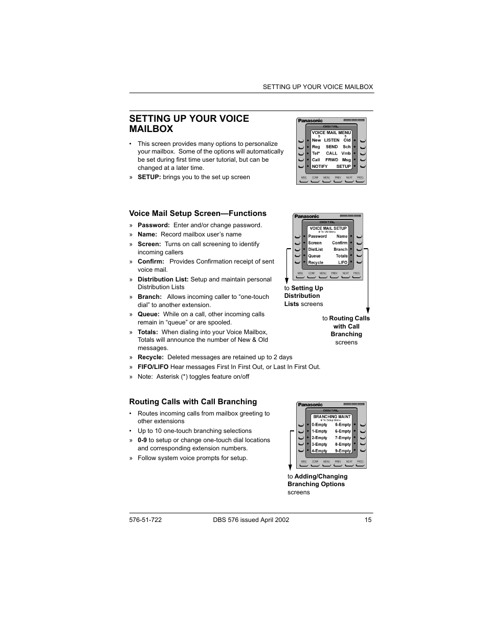 Setting up your voice mailbox, Voice mail setup screen—functions, Routing calls with call branching | Panasonic DBS 576 User Manual | Page 15 / 18