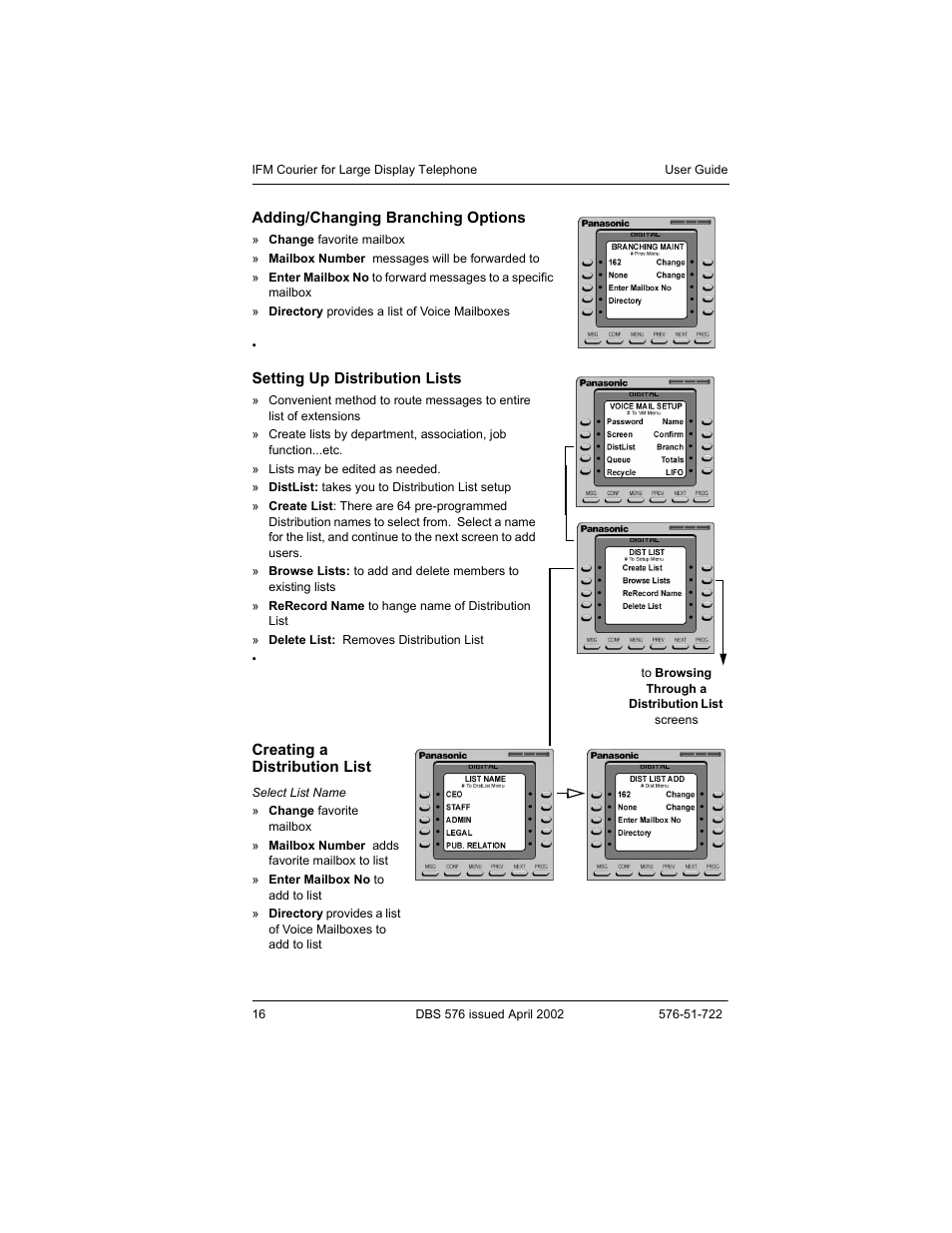 Adding/changing branching options, Setting up distribution lists, Creating a distribution list | Panasonic DBS 576 User Manual | Page 16 / 18