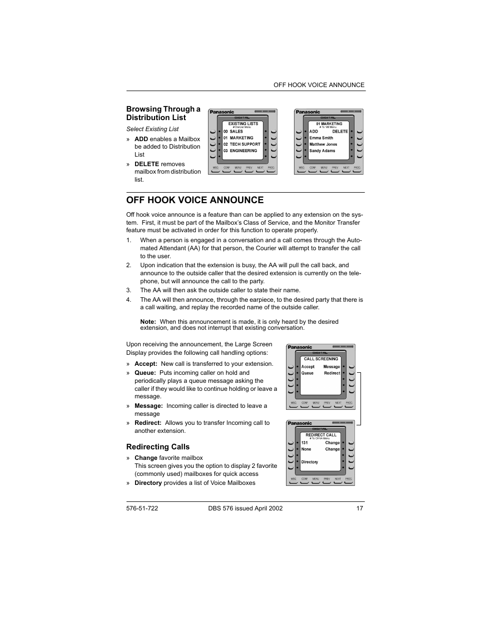 Browsing through a distribution list, Off hook voice announce, Redirecting calls | Panasonic DBS 576 User Manual | Page 17 / 18