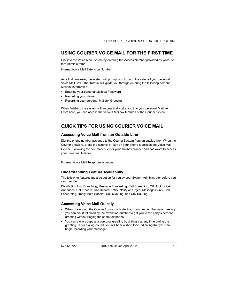 Using courier voice mail for the first time, Quick tips for using courier voice mail, Accessing voice mail from an outside line | Understanding feature availability, Accessing voice mail quickly | Panasonic DBS 576 User Manual | Page 5 / 18