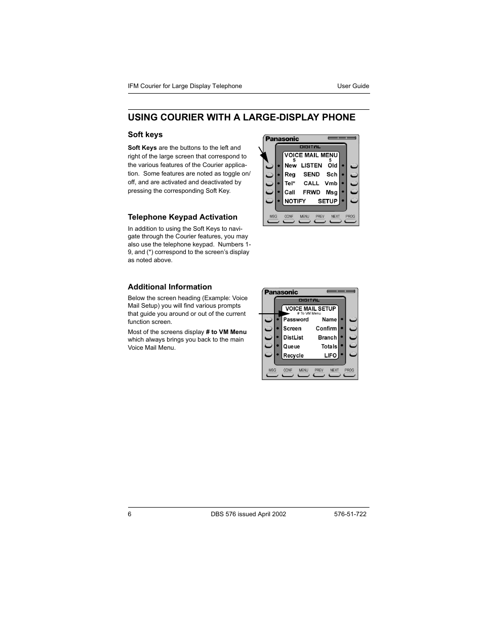Using courier with a large-display phone, Soft keys, Telephone keypad activation | Additional information | Panasonic DBS 576 User Manual | Page 6 / 18